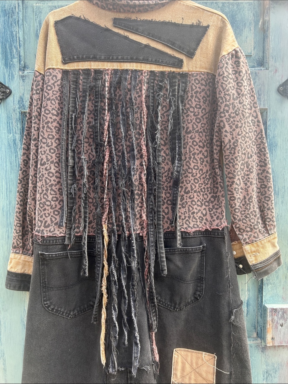 Upcycled zombie apocalypse leopard print tattered patched denim duster jacket - Picture 7 of 13